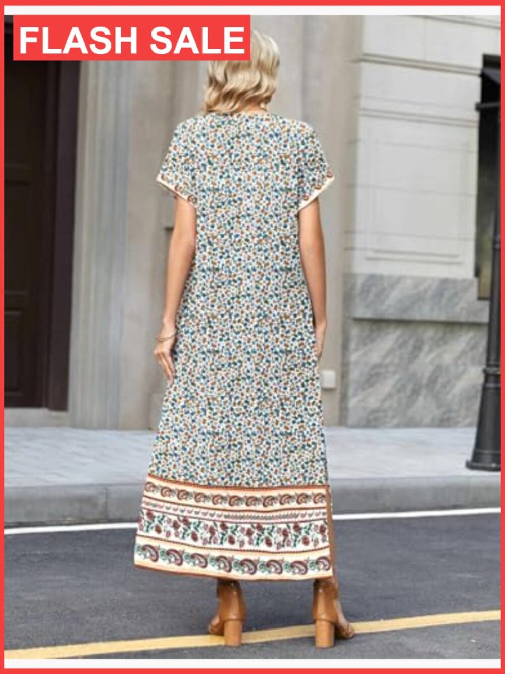 Maxi Dress Short Sleeve V-Neck Side Slit Pockets Summer Casual Sundress - Picture 2 of 7